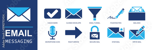 Email messaging icon set. Containing check mark, closed envelope, email funnel, fountain pen, mailbox, microphone, secure mail, star mail, write mail and more. Solid fill vector icons.