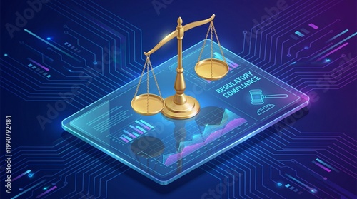 Digital Regulatory Compliance Concept with Scales of Justice and Data Analytics