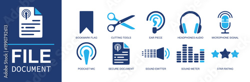 Audio document icon set. Containing bookmark flag, scissors, ear piece, headphones, microphone, secure file, sound emitter, sound meter, star rating and more. Solid fill vector icons.