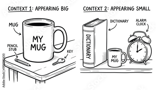 Illustration showing relative size of objects mug dictionary alarm clock pencil key.