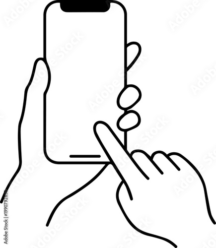 Hands Holding Smartphone and Touching Screen Line Art Illustration