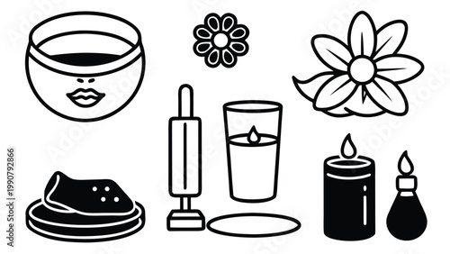 Skincare and makeup essentials flat black and white vector illustration set