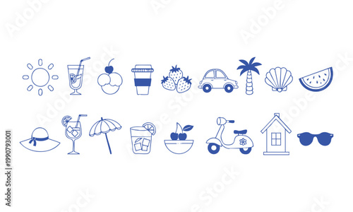 Clean summer beach icons outline minimal vector illustration pack.