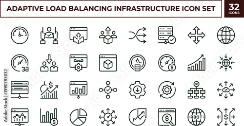 Adaptive load balancing infrastructure outline icon set distributed network scalability monitoring performance routing workflow server architecture vector collection