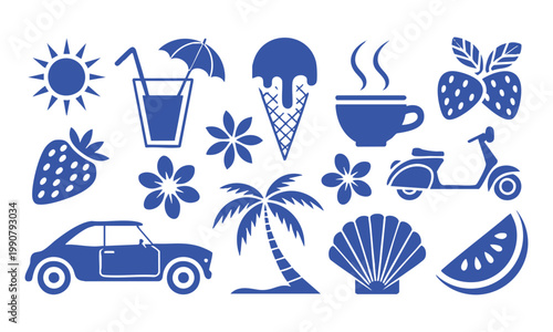 Beach doodle icon collection summer outline vector illustration set.