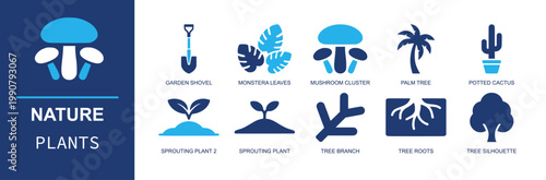 Nature plants icon set. Containing shovel, monstera leaves, mushroom cluster, palm tree, potted cactus, sprout, branch, tree roots, tree silhouette and more. Solid fill vector icons.