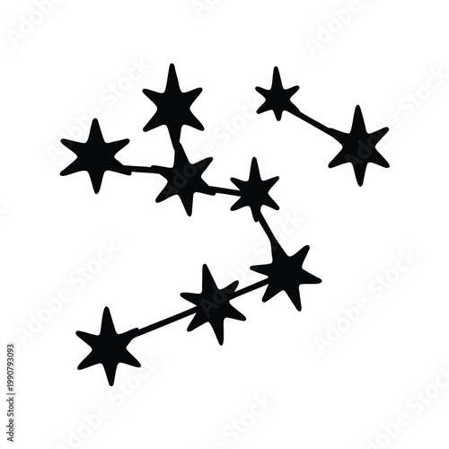 Black constellation of stars connected by lines on a white background image