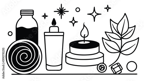 Minimalist spa wellness products set with essential oil bottle aromatic candle and leaf art
