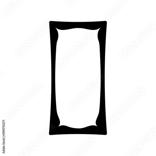 A stylized, rectangular picture frame with curved edges in black and white