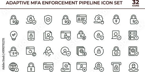 Adaptive multifactor authentication enforcement pipeline outline icon set cybersecurity identity access verification security workflow interface vector collection