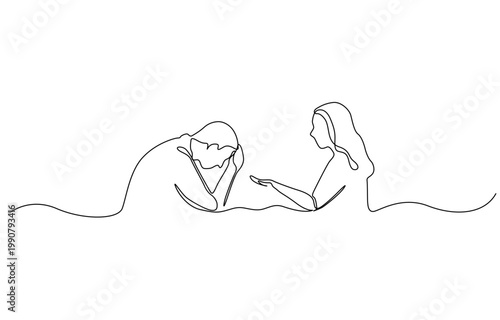 Talk couple in crisis, conversation in relationship, psychological problem, continuous one line drawing. Crisis therapy, counselling for people under stress, depression. Vector outline