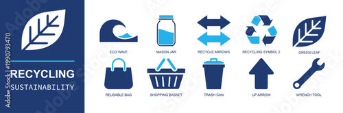 Recycling icon set. Containing eco wave, mason jar, recycle arrows, recycling symbol, reusable bag, shopping basket, trash can, up arrow, wrench and more. Solid fill vector icons.