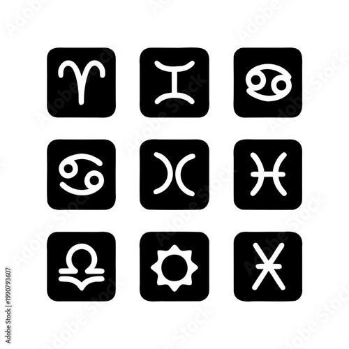 Astrological Symbols Representing Nine Different Zodiac Signs on Black Squares