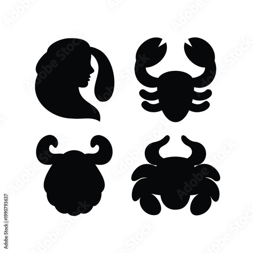 Four black silhouettes show two crab variations and woman's head profile