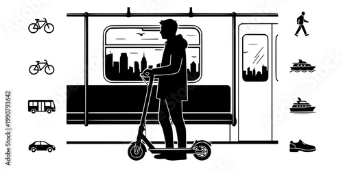 Multi-Modal Commuter Silhouette Vector - Scooter on Subway Train Icon