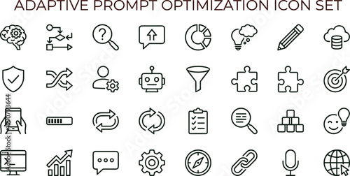 Adaptive prompt optimization outline icon set illustrating artificial intelligence workflow tuning automation analytics configuration chatbot tools and interface productivity elements collection