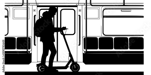 Multi-Modal Commuter Silhouette Vector - Scooter on Subway Train Icon