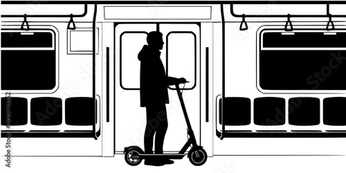 Multi-Modal Commuter Silhouette Vector - Scooter on Subway Train Icon