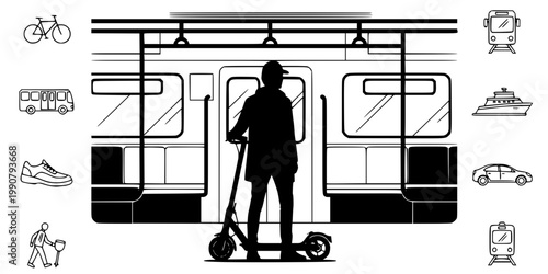 Multi-Modal Commuter Silhouette Vector - Scooter on Subway Train Icon