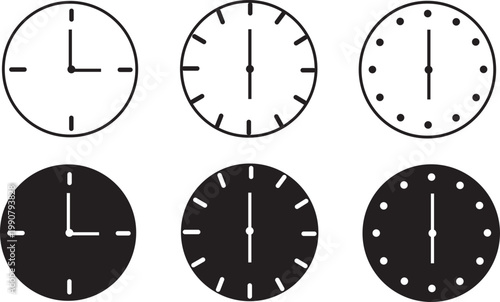 Set of six different clock faces with various designs and colors on white background