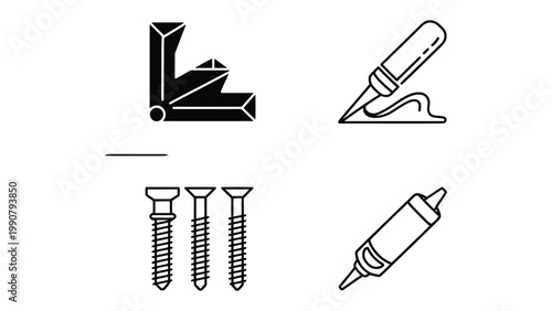 Construction and Carpentry Tools: A collection of essential carpentry tools, including screws, sealant applicators, and specialized corner components, are depicted in a minimalist style.