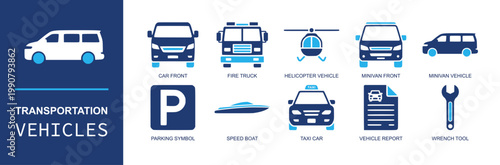 Transportation vehicles icon set. Containing car front, fire truck, helicopter, minivan, parking sign, speed boat, taxi car, vehicle report, wrench tool and more. Solid fill vector icons.