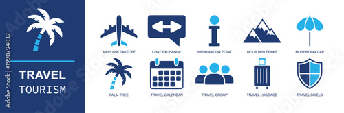 Tourism icon set. Containing airplane takeoff, info point, mountain peaks, beach umbrella, palm tree, travel calendar, travel group, luggage, shield and more. Solid fill vector icons.