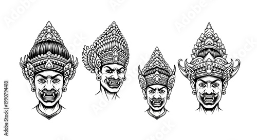 Four detailed illustrations of traditional Balinese mythical creature masks.