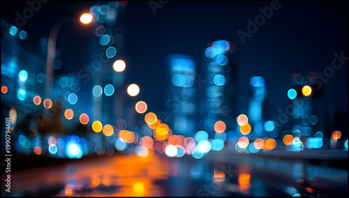 Abstract urban night scene with blurred city lights and reflections on wet pavement.