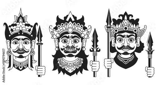 Принти на полотні Three Balinese mythical guardian figures with spears, traditional black and white illustration