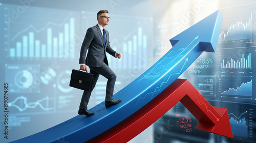 Progress, growth, and business success journey with a confident businessman ascending a rising arrow over financial data.