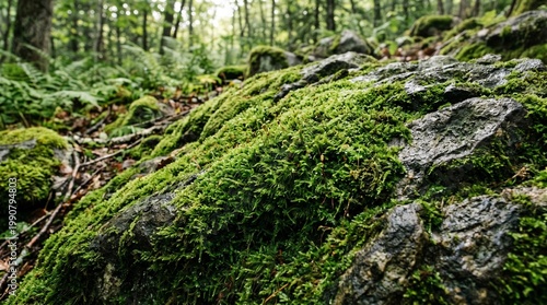 Lush green moss covering forest rocks, vibrant mossy stones in a temperate woodland, natural texture of bryophyte on boulders in a wild forest