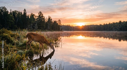 Majestic white-tailed deer drinking from a calm lake at sunrise, peaceful forest wilderness landscape, golden hour wildlife reflection in water