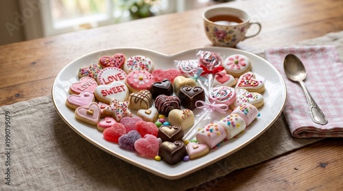 Valentine heart shaped platter with assorted sweets, romantic chocolate truffles and sugar cookies, gourmet candy selection for holiday celebration