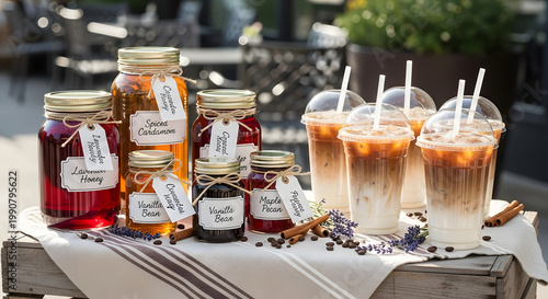 Assorted fruit preserves in glass jars with honey dipper on wooden surface in rustic breakfast setting perfect for culinary and artisanal food themes