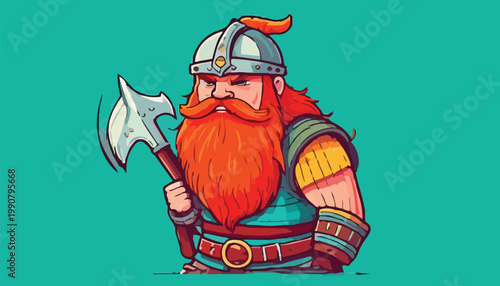 Photos Cartoon Viking Warrior with Axe and Fiery Red Beard.