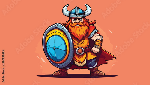 Принти на полотні Cartoon Viking Warrior with Shield and Horned Helmet Ready for Battle