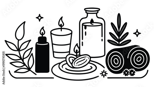 Aromatic therapy items arrangement with lit candles glass bottle and rolled towels icons