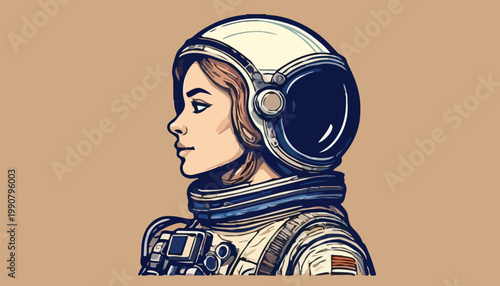 Illustration of a focused female astronaut in a spacesuit.