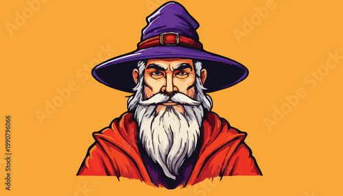 Intense Wizard Portrait with Pointed Hat and Flowing Beard.