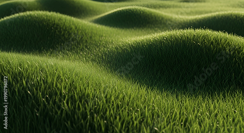 Lush Green Rolling Hills of Grass in Bright Sunlight.
