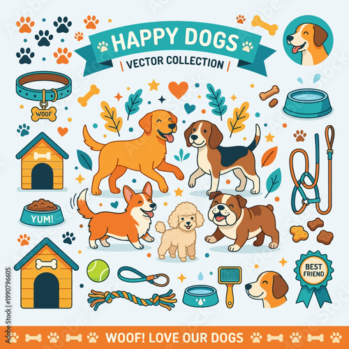 A vibrant vector collection featuring various happy dog breeds and essential pet accessories like dog houses, collars, leashes, food bowls, and toys, surrounded by decorative elements.