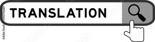 Search banner in word translation with hand over magnifier icon on white background