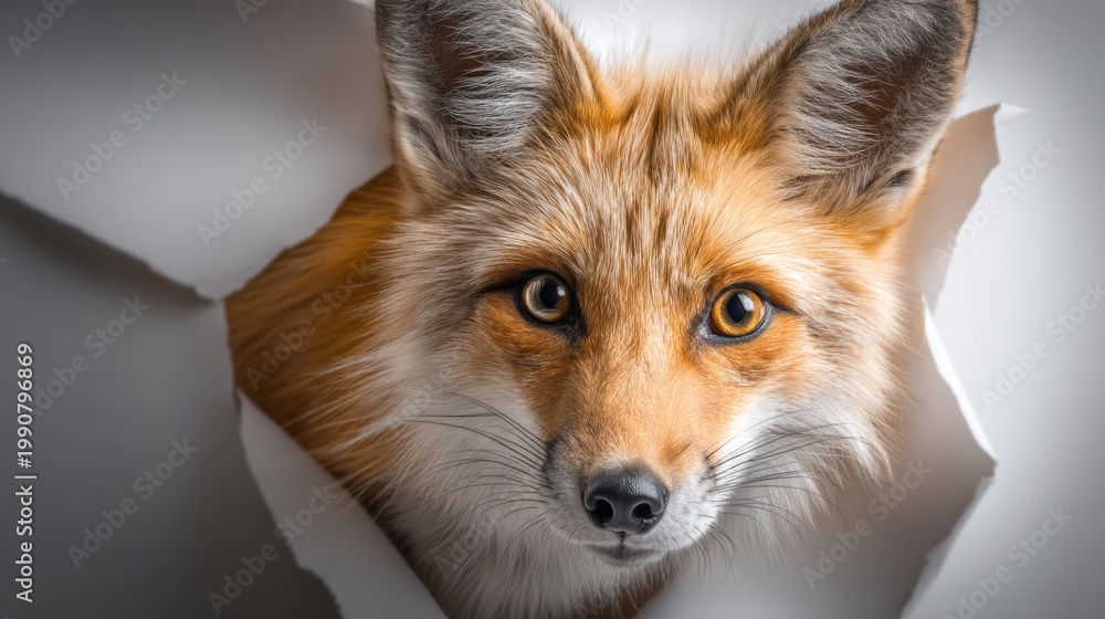 Fototapeta premium Fox Emerging Through Torn Cream-Colored Paper Background in Close-Up View