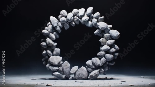 A ring-shaped structure made of gray stones hovers in a smoky environment with a dark background