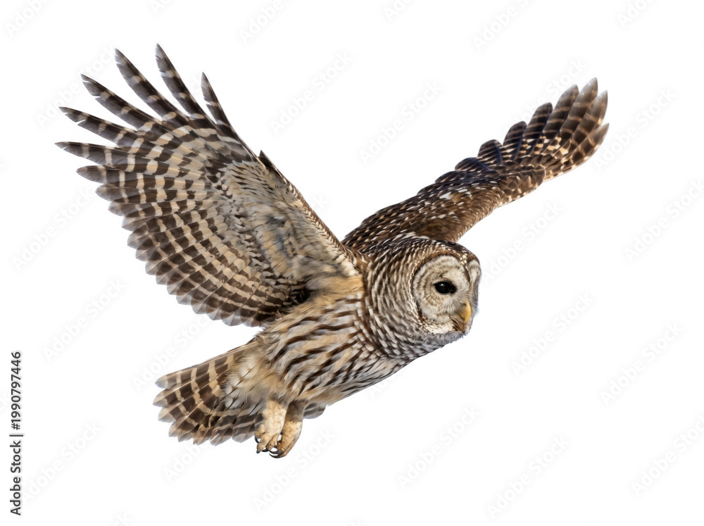 Fototapeta premium Great horned owl in flight with wings spread wide bird of prey animal portrait predator wildlife ornithology creature nocturnal