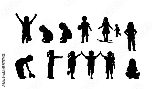 Dynamic children silhouettes vector set showing playful kids in active poses for childhood illustrations