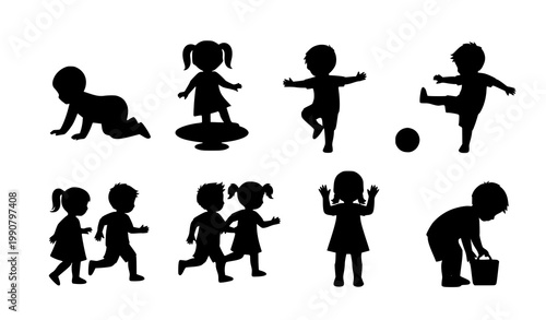 Kids activity vector silhouettes set with energetic children in motion for fun and playful designs