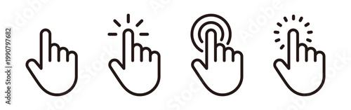 Hand click icon set, cursor pointer tap and press gesture symbols

