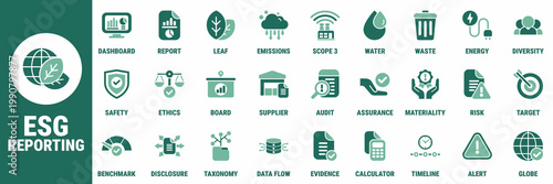 Comprehensive ESG reporting visuals for sustainability disclosures compliance dashboards and corporate reporting workflows Suitable for software interfaces audit pages investor decks 
